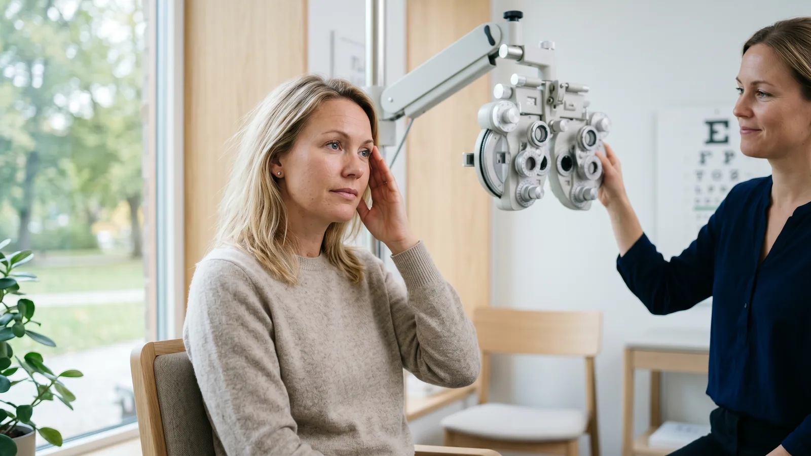 En kvinne i en lys skandinavisk øyeklinikk kjenner seg ved tinningen mens hun ser uskarpt ut i rommet, med en optiker og et synsundersøkelsesapparat i bakgrunnen.